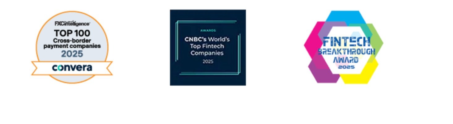 Award badges: FXC Intelligence Top 100, CNBC's World's Top Fintech Companies 2025, Fintech Breakthrough Award 2025.